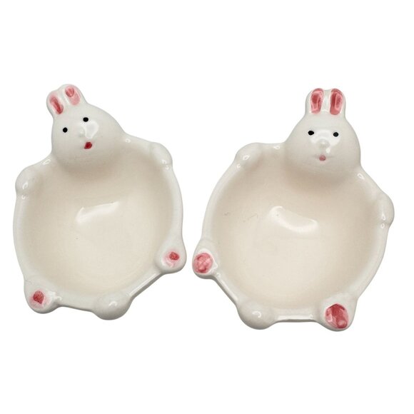 Kotobuki Ceramic Bunny Trinket Dish Set of 2 Handcrafted Japan Pink White NOS - Picture 1 of 8